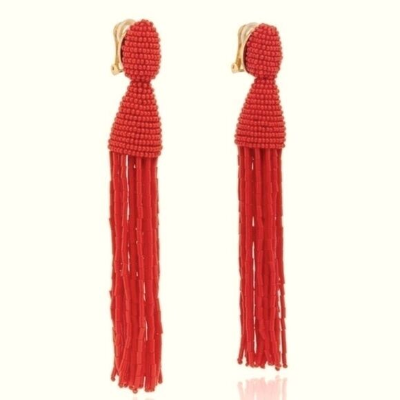 New Oscar De La Renta Red Long Beaded Tassel Earrings Clip On Chandelier Drop - Picture 7 of 9
